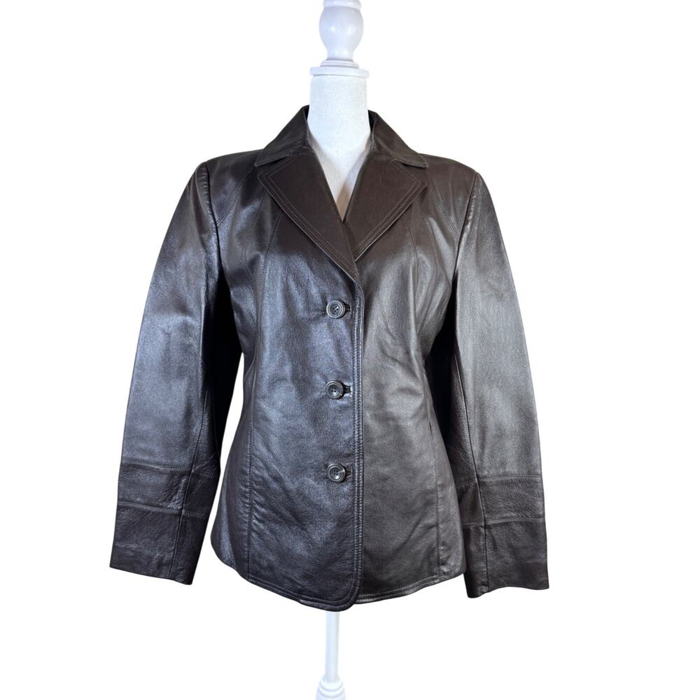 East 5th Womens Medium Genuine Leather Brown Blazer Jacket Lined Button-Up